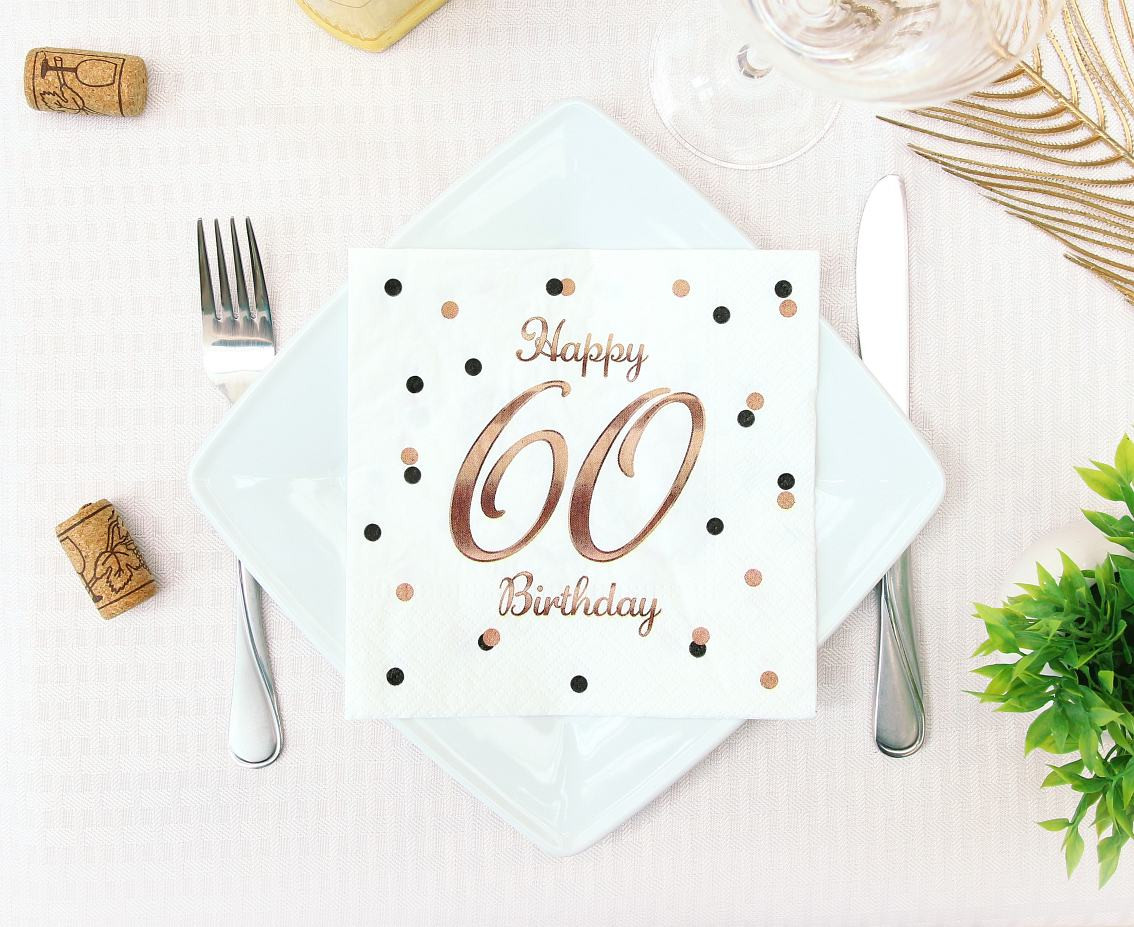Paper napkins B&C Happy 60 Birthday, white (Rose gold print) 33 x 33 cm, 20 pcs.