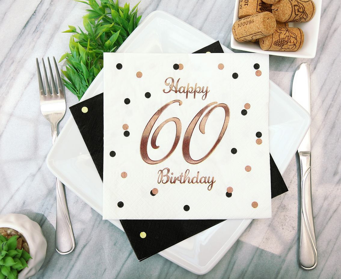 Paper napkins B&C Happy 60 Birthday, white (Rose gold print) 33 x 33 cm, 20 pcs.