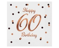 Paper napkins B&C Happy 60 Birthday, white (Rose gold print) 33 x 33 cm, 20 pcs.