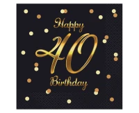 Paper napkins B&C Happy 40 Birthday, black (gold print) 33 x 33 cm, 20 pcs.