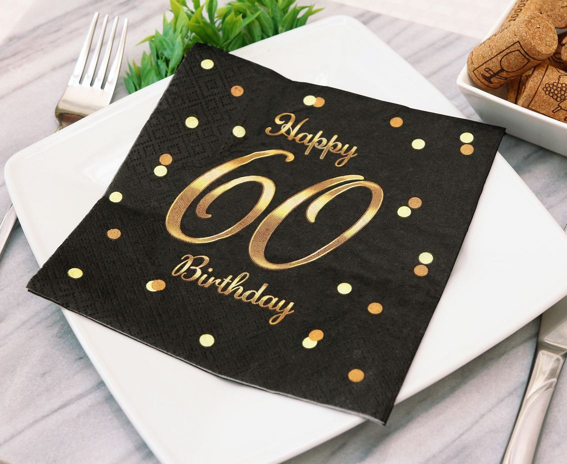 Paper napkins B&C Happy 60 Birthday, black (gold print) 33 x 33 cm, 20 pcs.