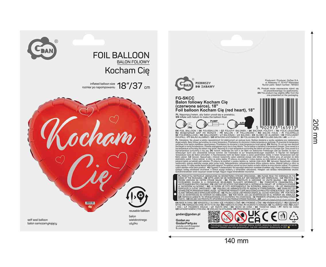 Foil balloon Kocham Cię (red heart), 18"