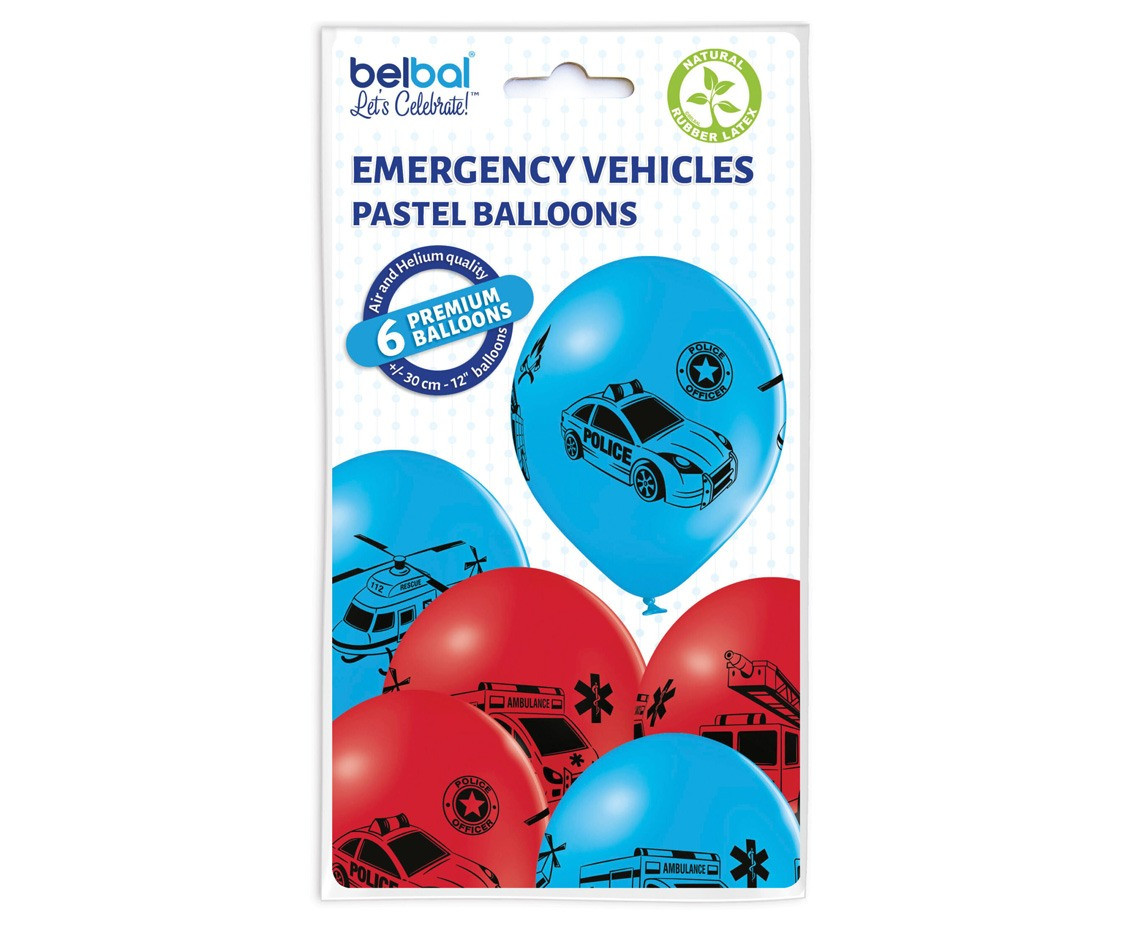 Balloons Belbal 12", D11, emerg. vehicles pa mix2 crystal, 6pcs