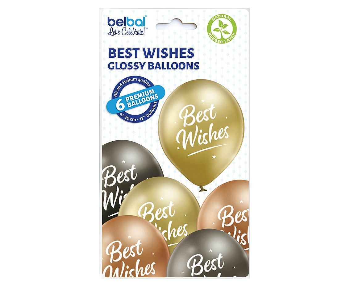 Balloons Belbal 12", D11, best wishes gl mix3, 6pcs