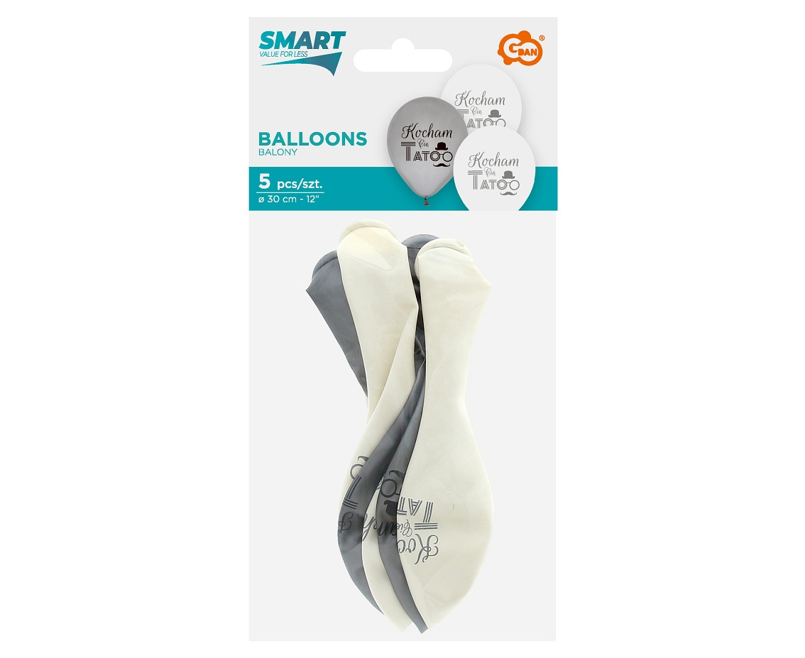 Kocham Cię Tato balloons (silver, white), 12"/ 5 pcs
