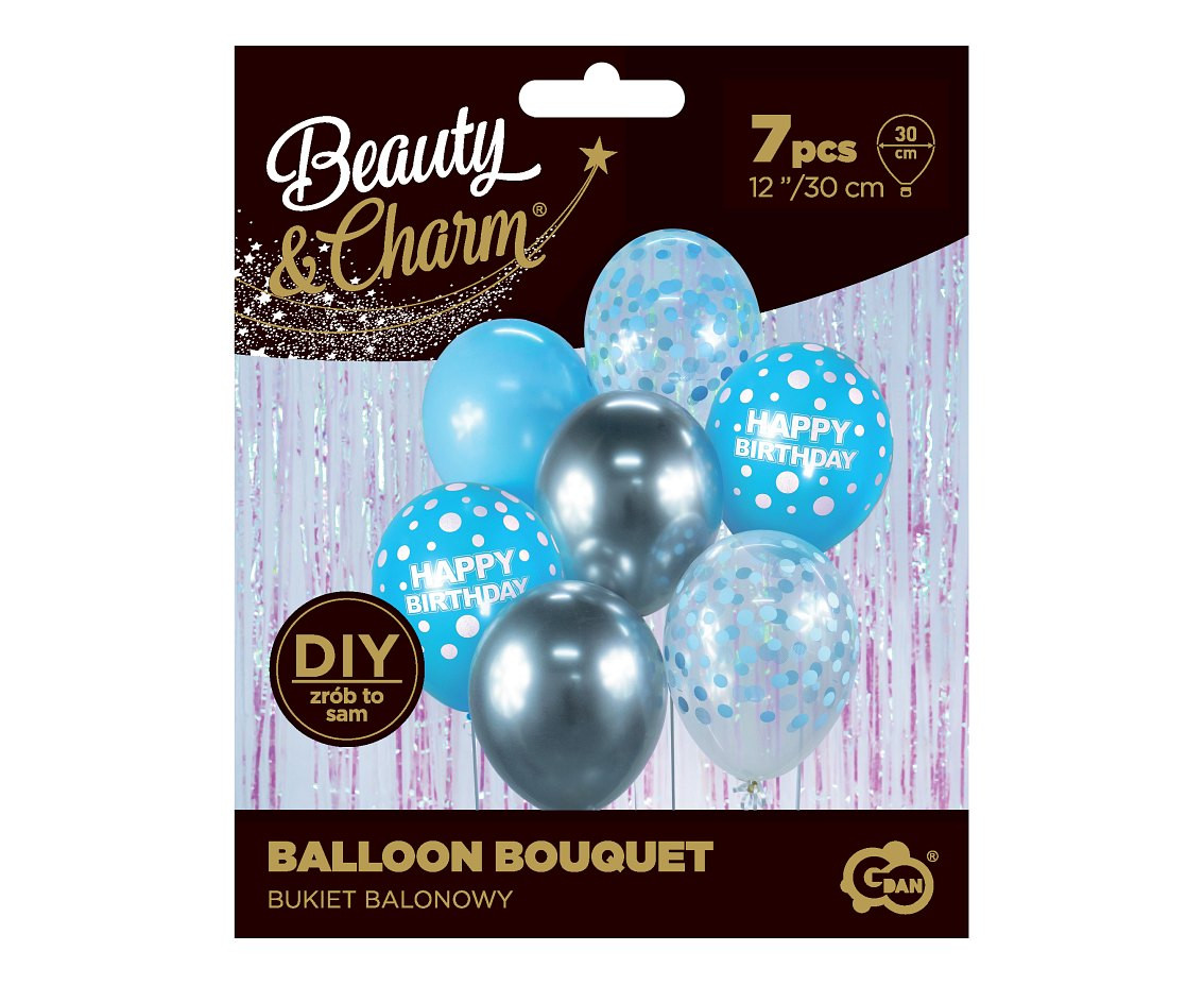 B&C Balloon Bouquet, Happy Birthday, silver and blue 7 pcs.