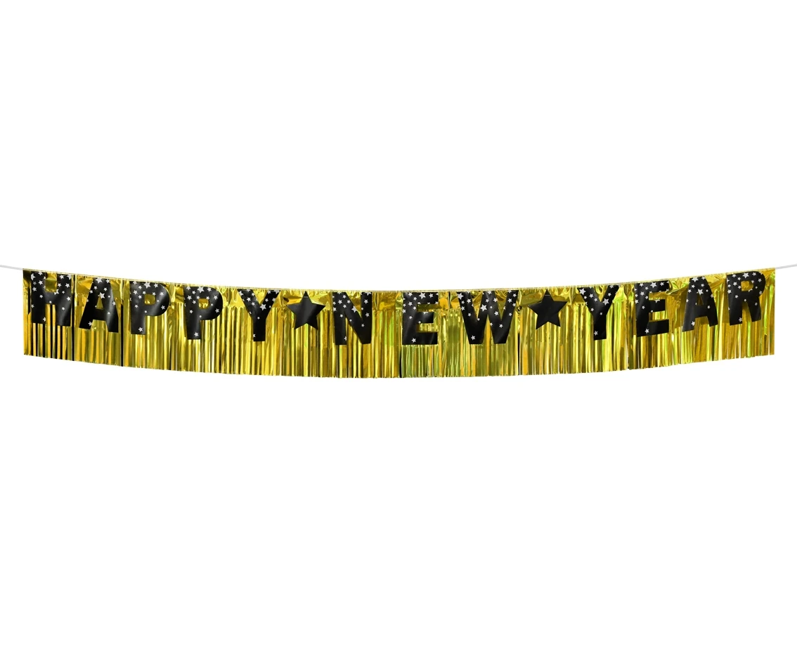 Paper garland B&C Happy New Year, gold background, 180x22 cm