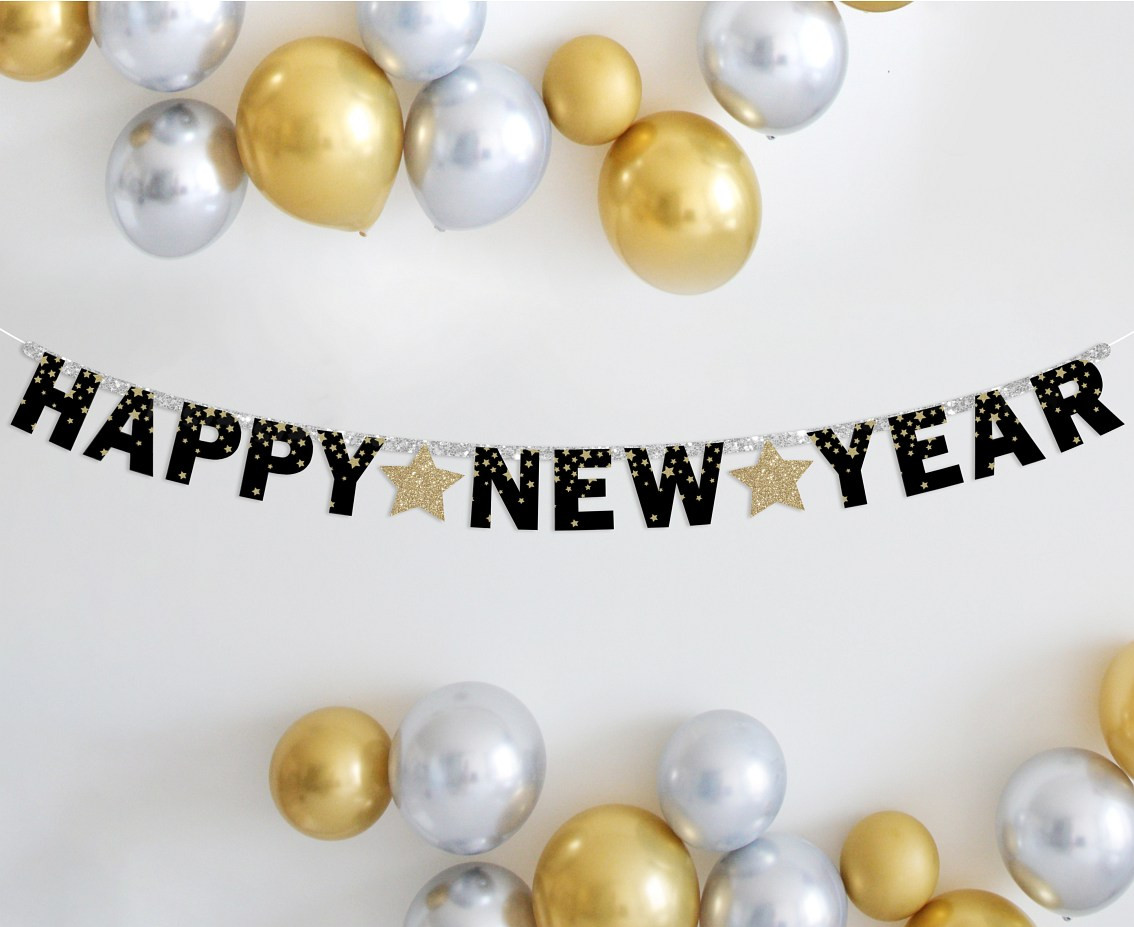 Paper garland B&C Happy New Year - gold stars, 180 cm