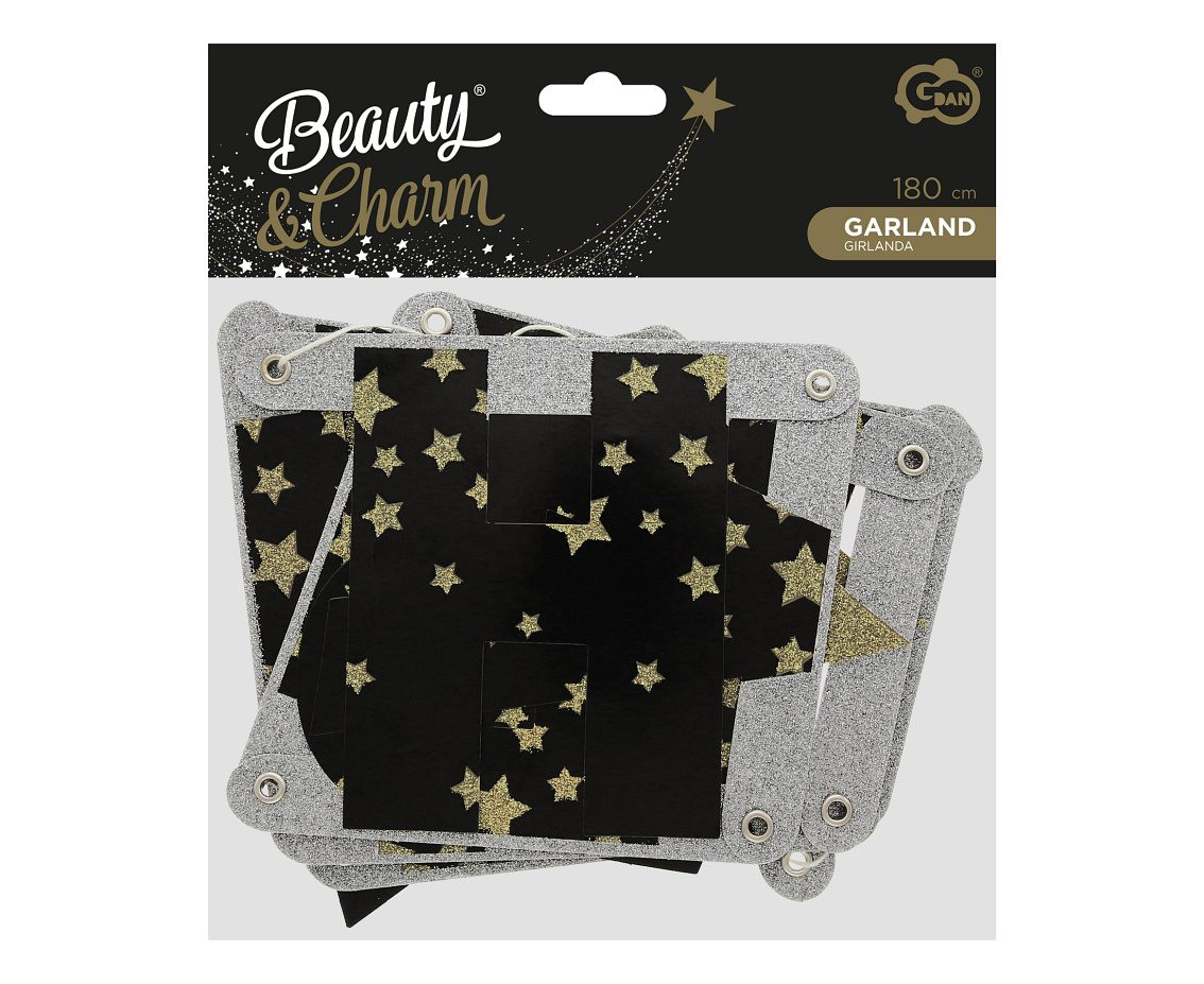 Paper garland B&C Happy New Year - gold stars, 180 cm