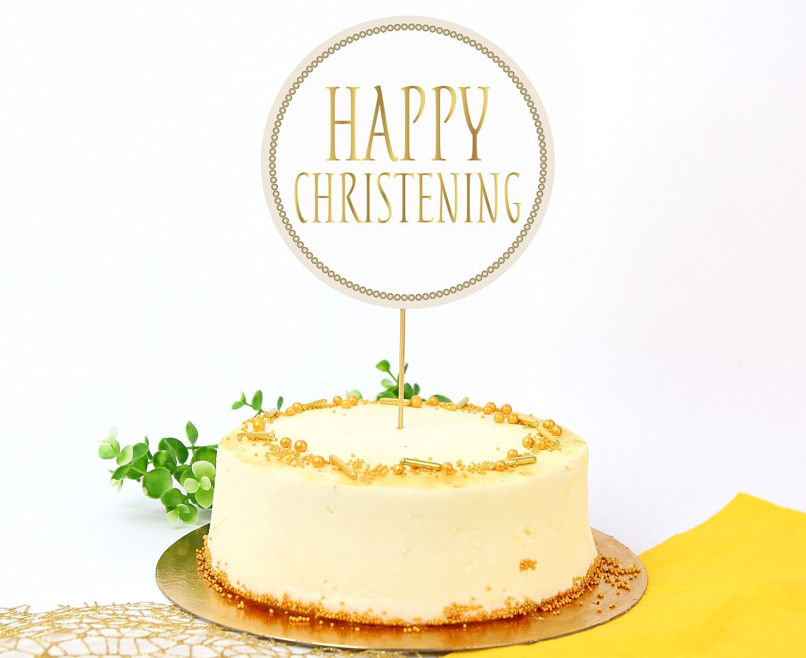 Cake topper Happy Christening, diameter 14 cm EOL