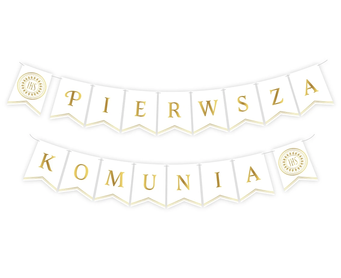 Paper garland Pierwsza Komunia, flags 13.5x17.5 cm, 2x300 cm EOL