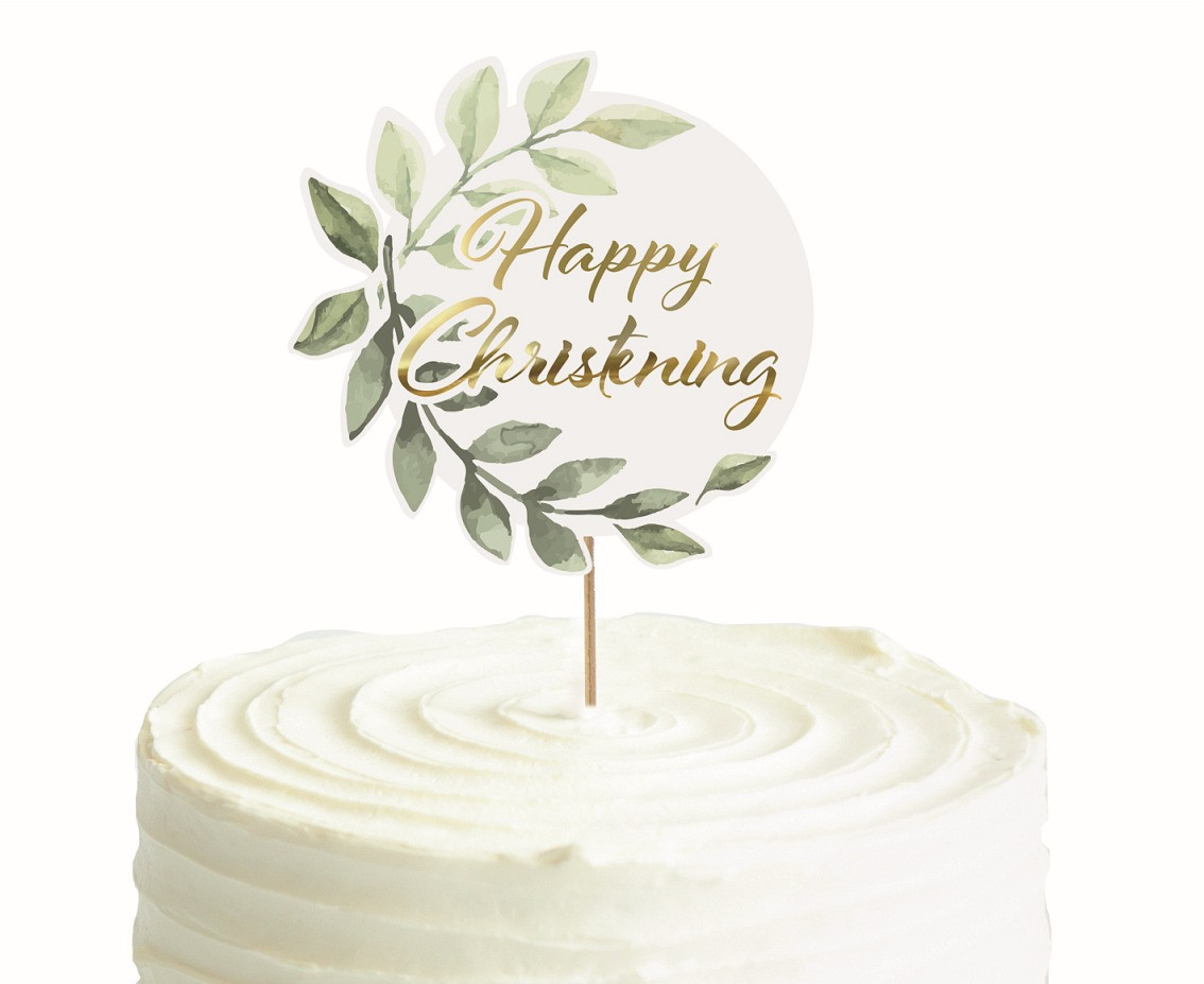 Cake topper Happy Christening, leaves, diameter 14 cm EOL
