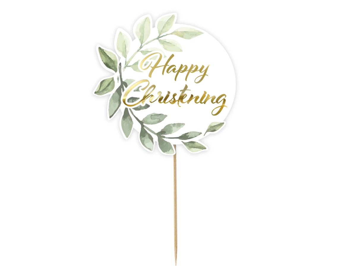 Cake topper Happy Christening, leaves, diameter 14 cm EOL