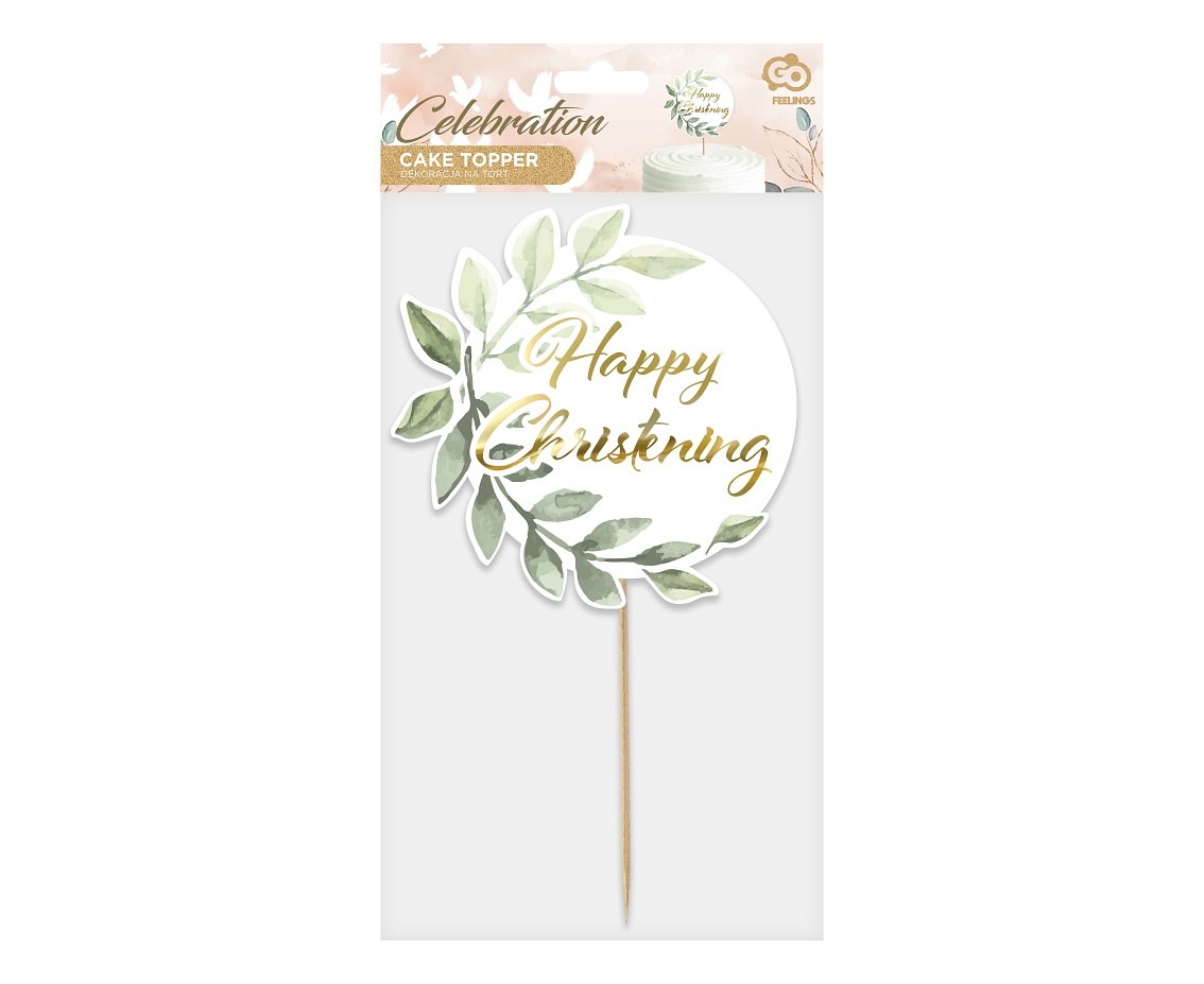 Cake topper Happy Christening, leaves, diameter 14 cm EOL