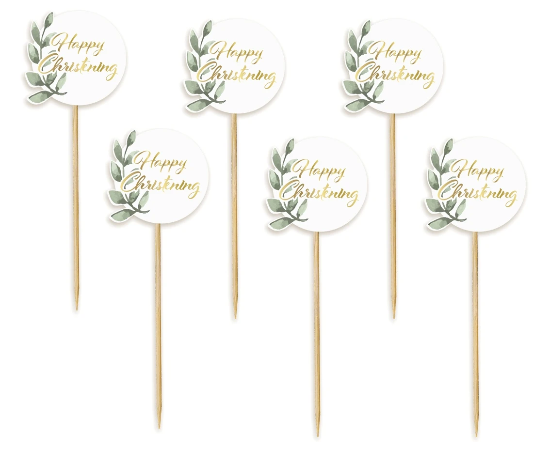 Picks Happy Christening, leaves, 6 pcs
