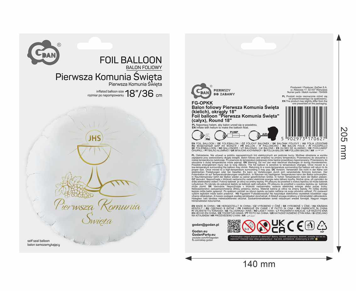 Foil balloon "Pierwsza Komunia Święta" (calyx), Round 18"