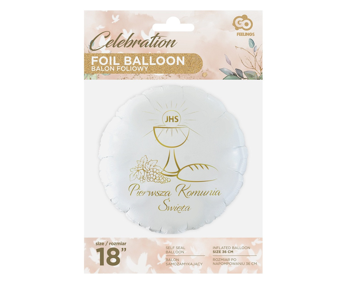 Foil balloon "Pierwsza Komunia Święta" (calyx), Round 18"