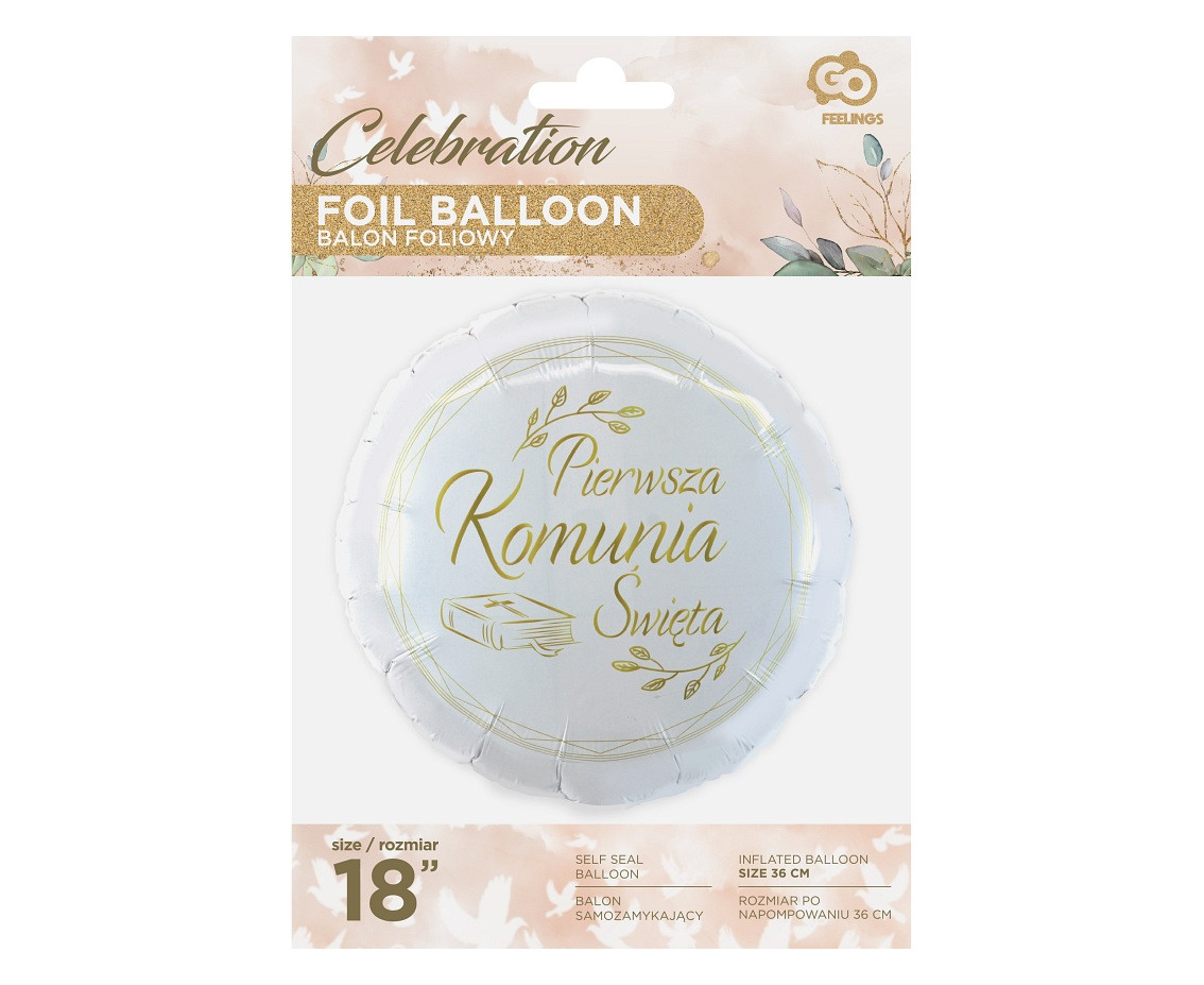Foil balloon "Pierwsza Komunia Święta" (Bible), Round 18" EOL