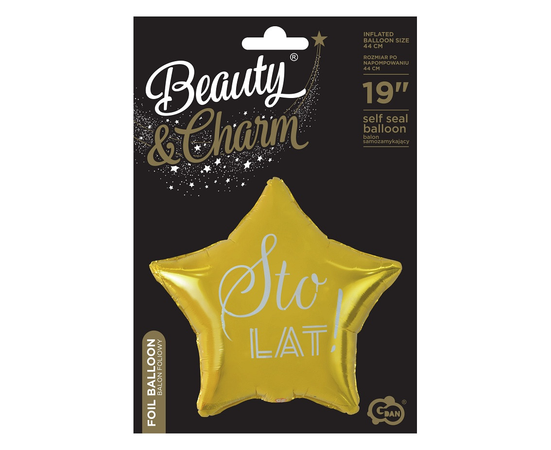 Foil balloon "Sto Lat" Star gold, white printing, 19" EOL