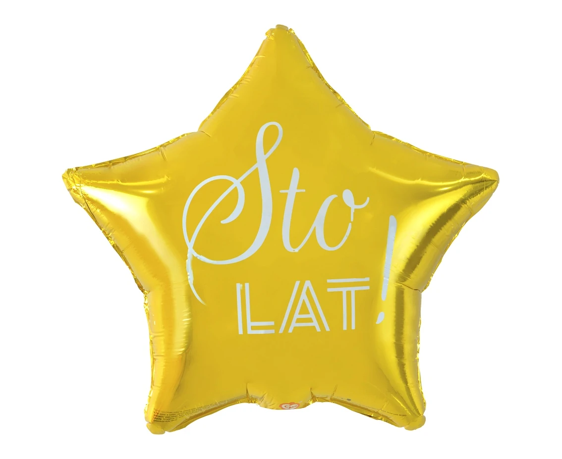 Foil balloon "Sto Lat" Star gold, white printing, 19" EOL