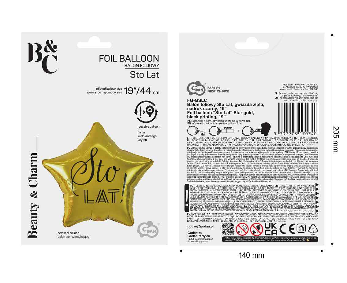 Foil balloon "Sto Lat" Star gold, black printing, 19"