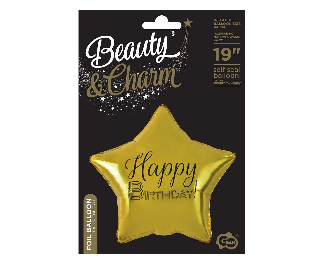 Foil balloon "Happy Birthday" Star gold, black printing, 19" EOL