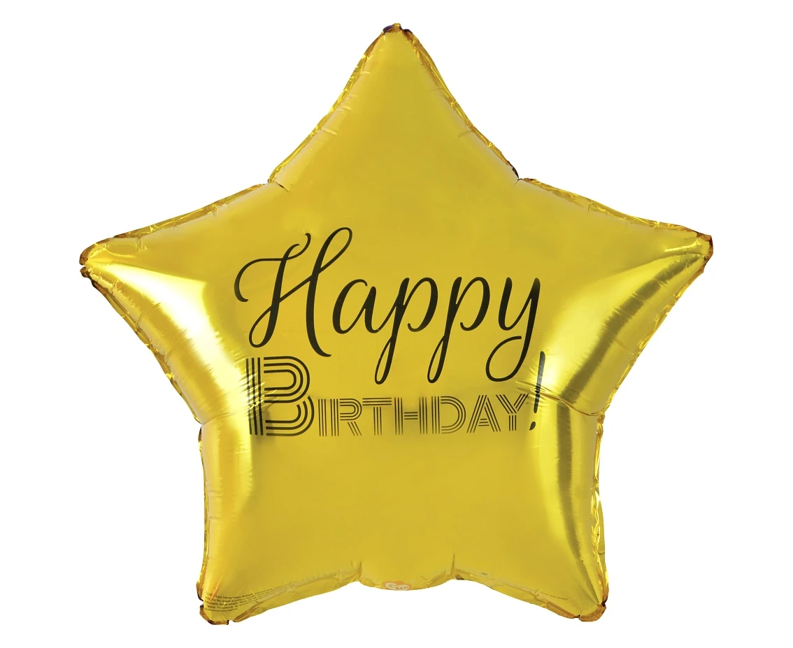 Foil balloon "Happy Birthday" Star gold, black printing, 19" EOL