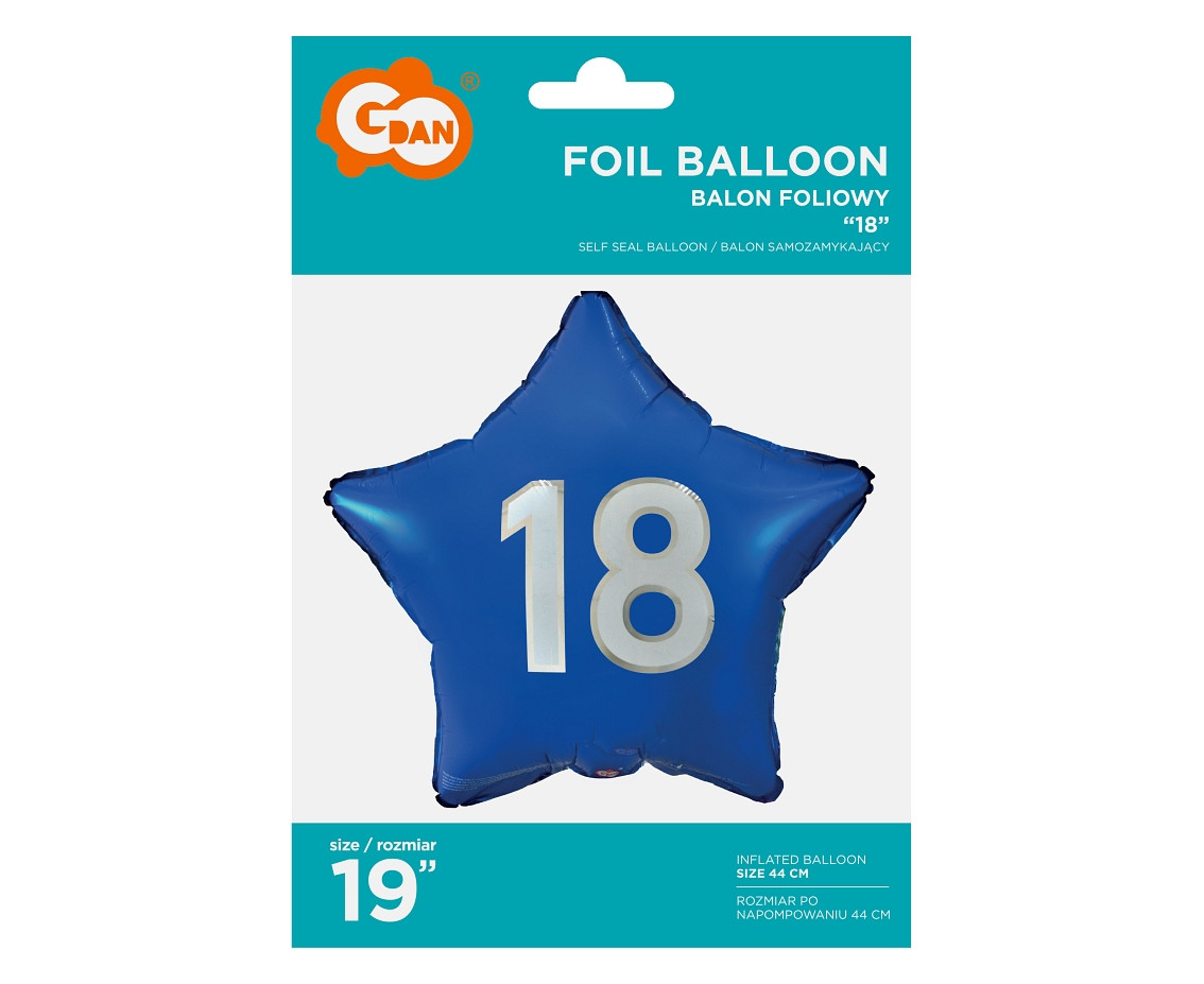 Foil balloon "18" Star Blue, white printing, 19" EOL