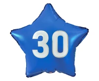 Foil balloon "30" Star blue, white printing, 19" EOL