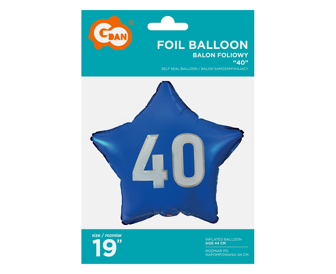 Foil balloon "40" Star blue, white printing, 19" EOL