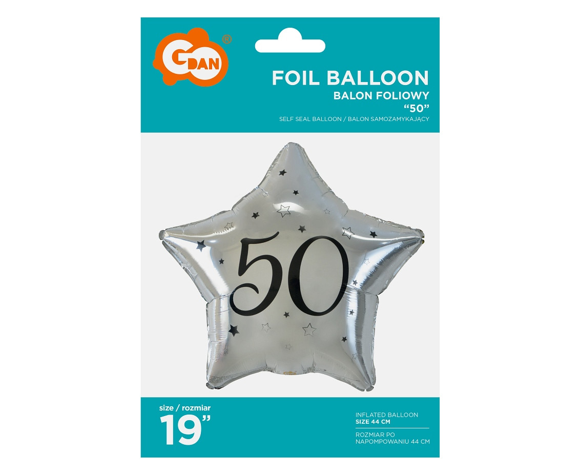 Foil balloon "50" Star silver, black printing, 19" EOL