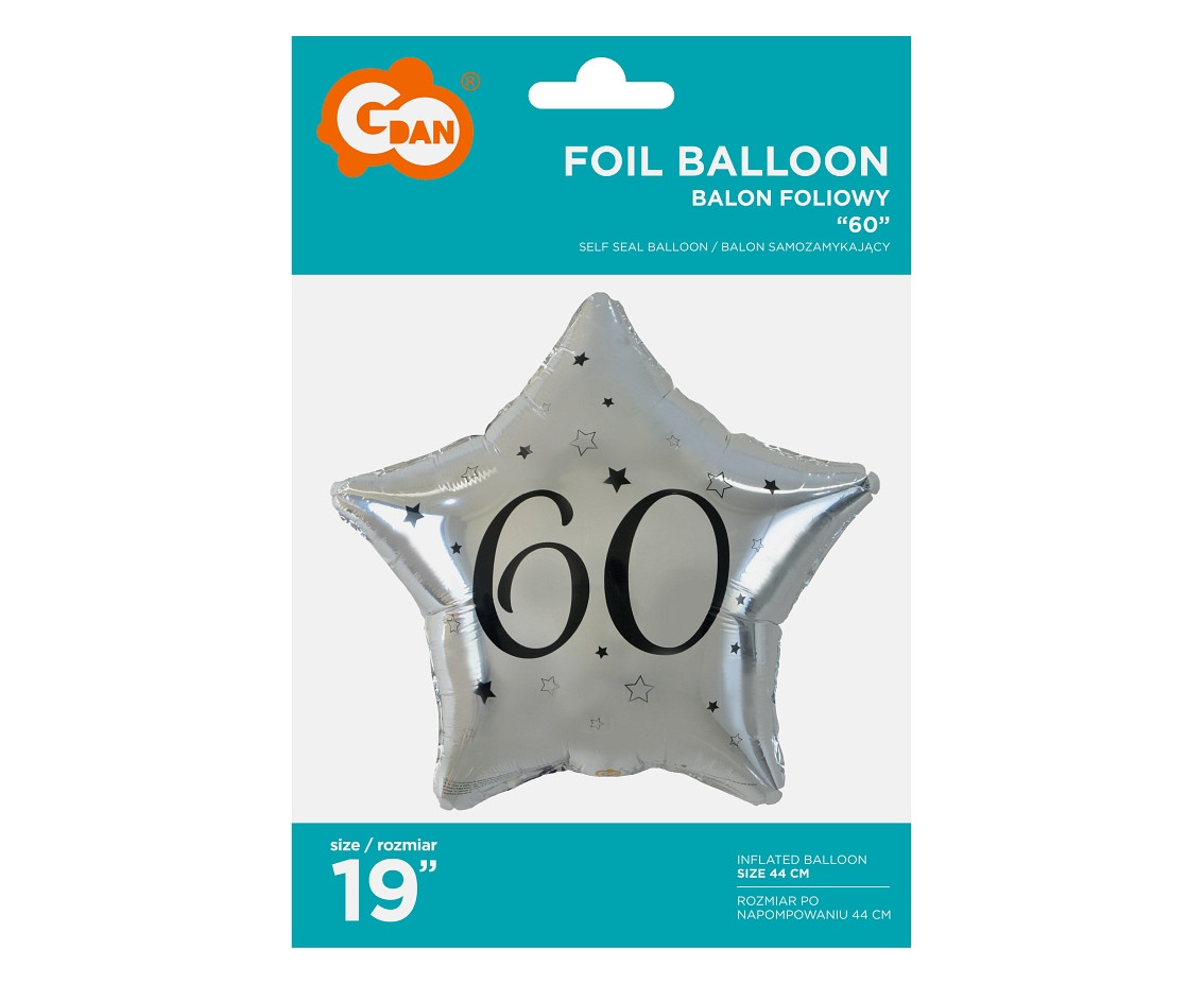 Foil balloon "60" Star silver, black printing, 19" EOL
