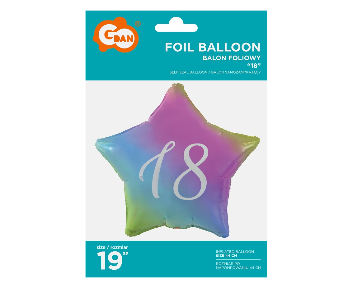 Foil balloon "18" Star gradient, white printing, 19" EOL