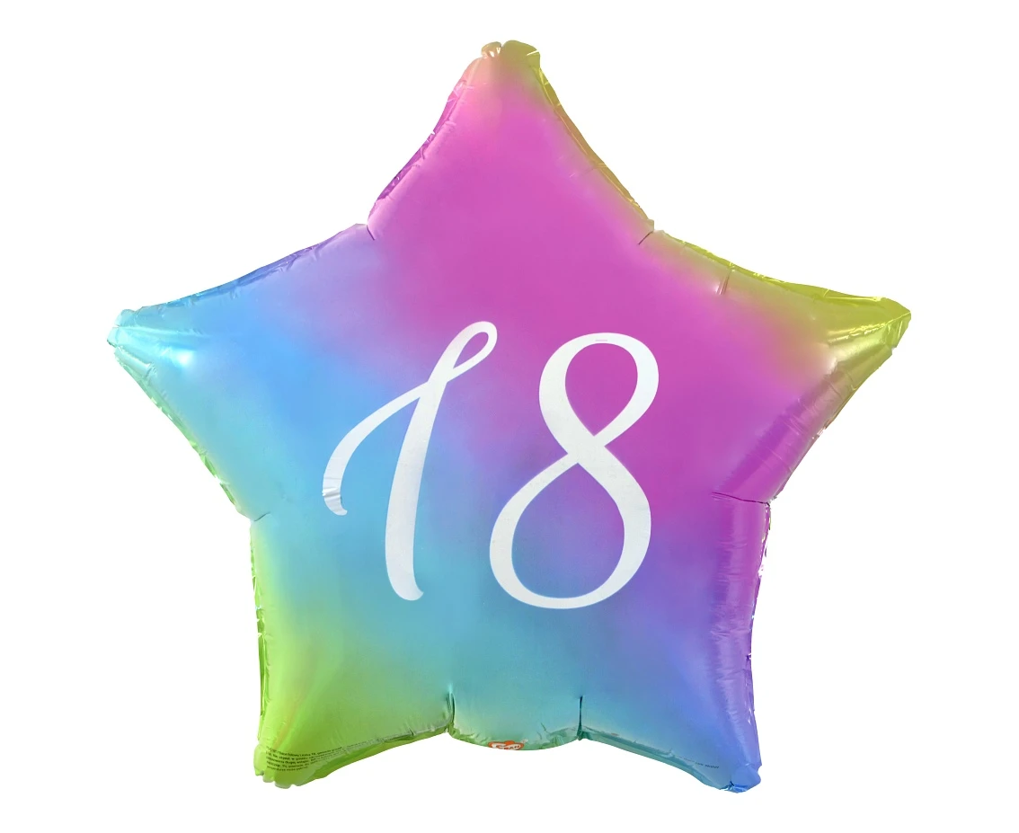 Foil balloon "18" Star gradient, white printing, 19" EOL