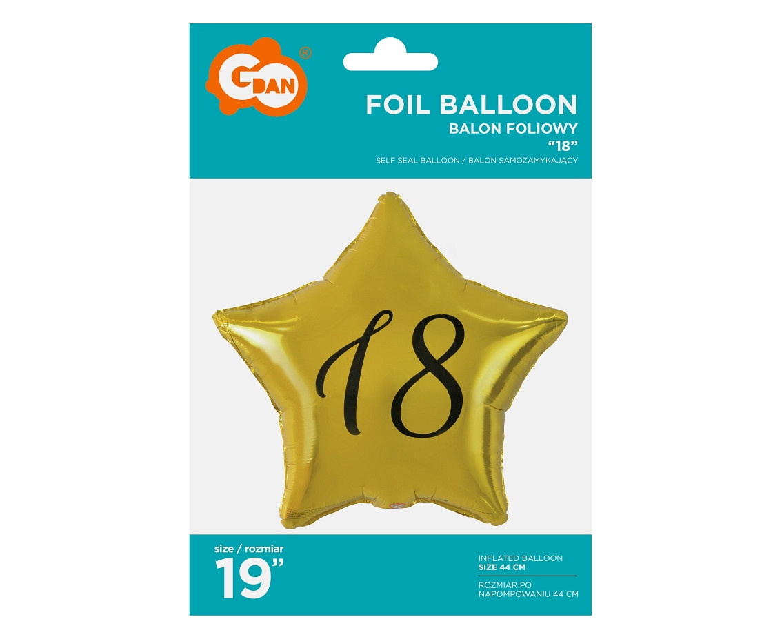Foil balloon "18" Star Gold, black printing, 19"
