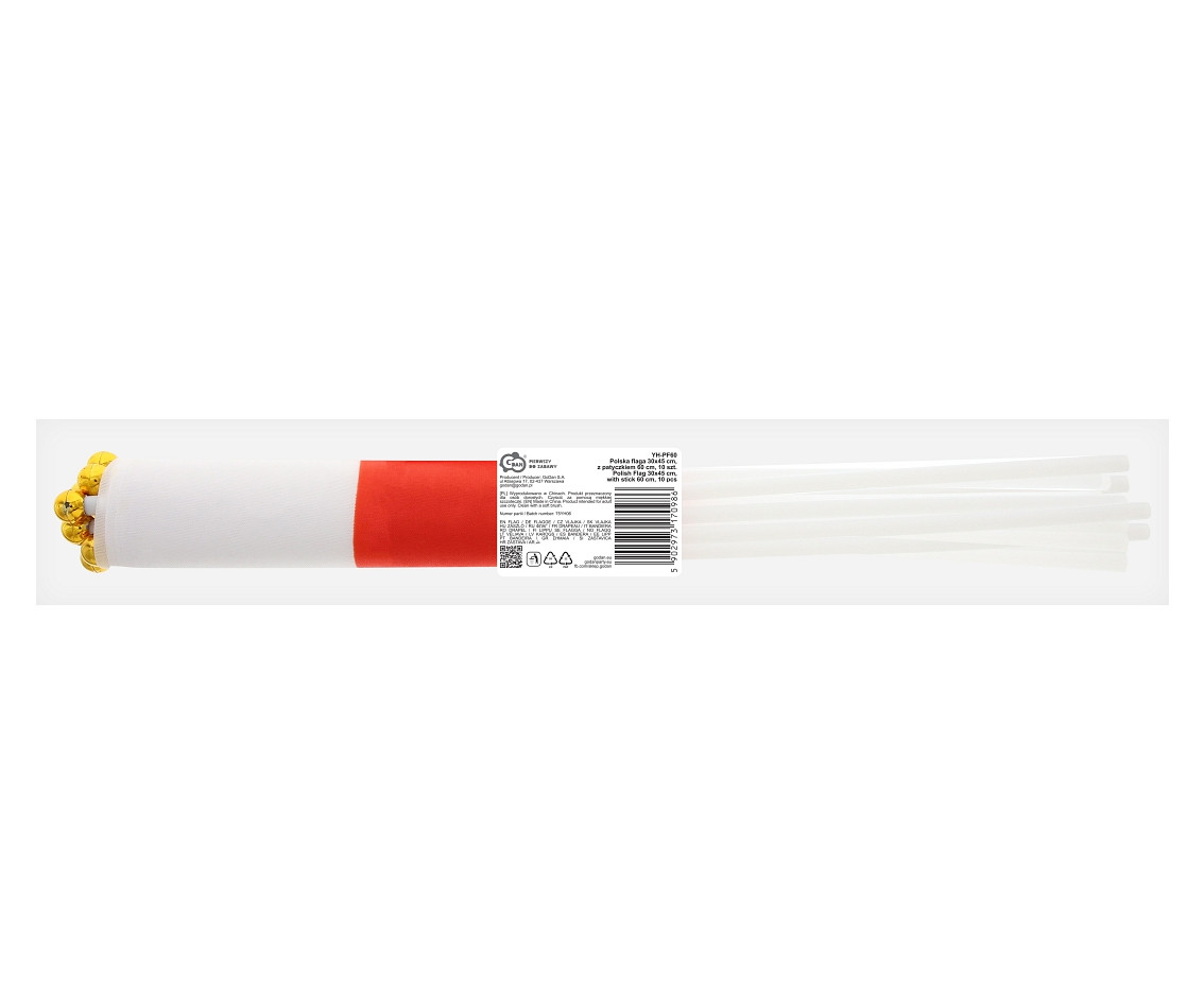 Polish Flag 30x45 cm, with stick 60 cm, 10 pcs.