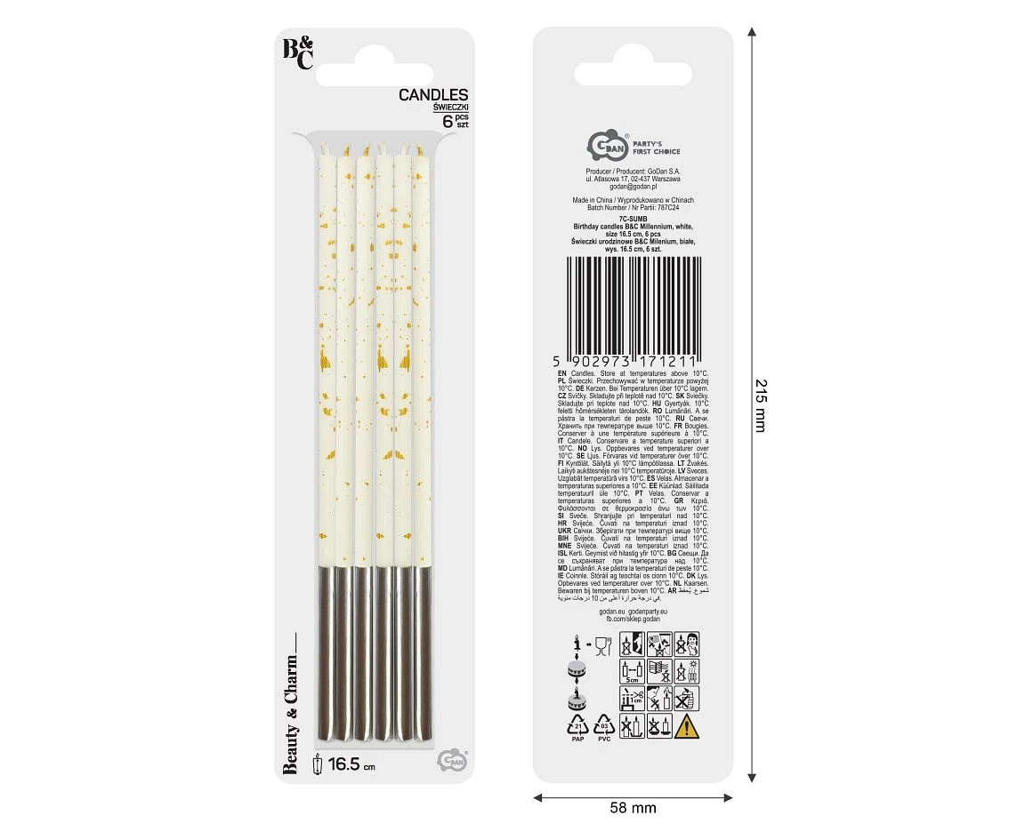 Birthday candles B&C Millennium, white, size 16.5 cm, 6 pcs.