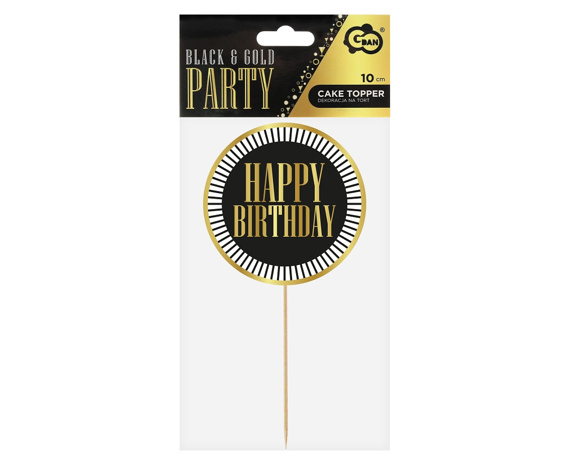 Cake topper B&G Party - Happy Birthday, black, stripes, diameter 10 cm