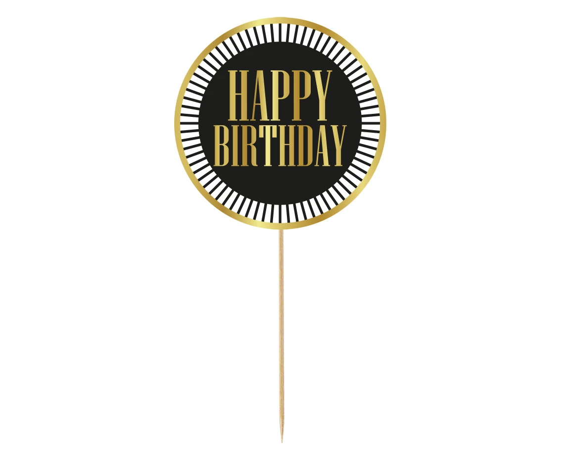 Cake topper B&G Party - Happy Birthday, black, stripes, diameter 10 cm