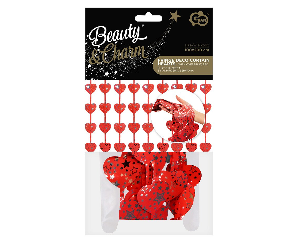 Fringe Deco Curtain B&C Hearts with overprint, red, 100x200 cm EOL