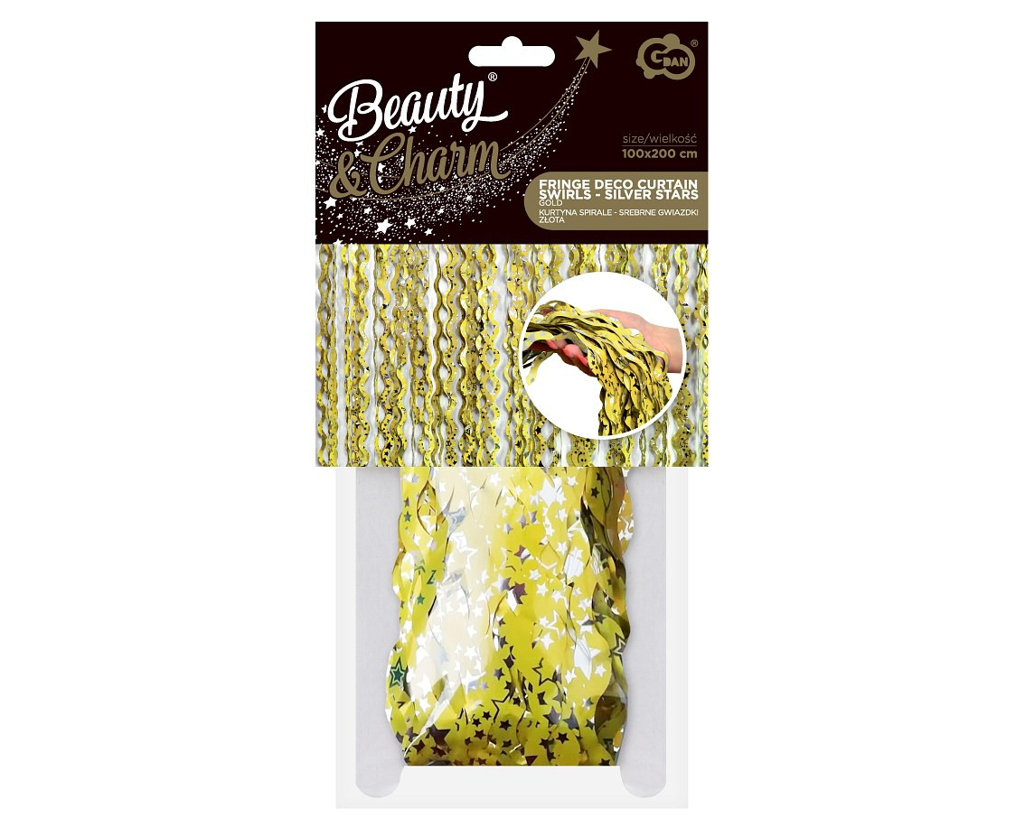 Fringe Deco Curtain B&C Swirls - Silver Stars, gold, 100x200 cm