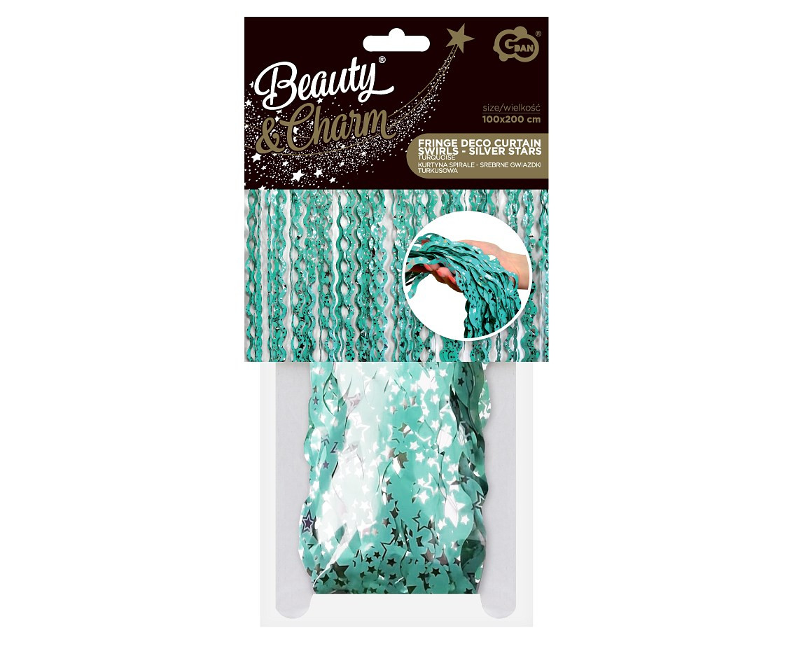 Fringe Deco Curtain B&C Swirls - Silver Stars, turquoise, 100 x 200 cm