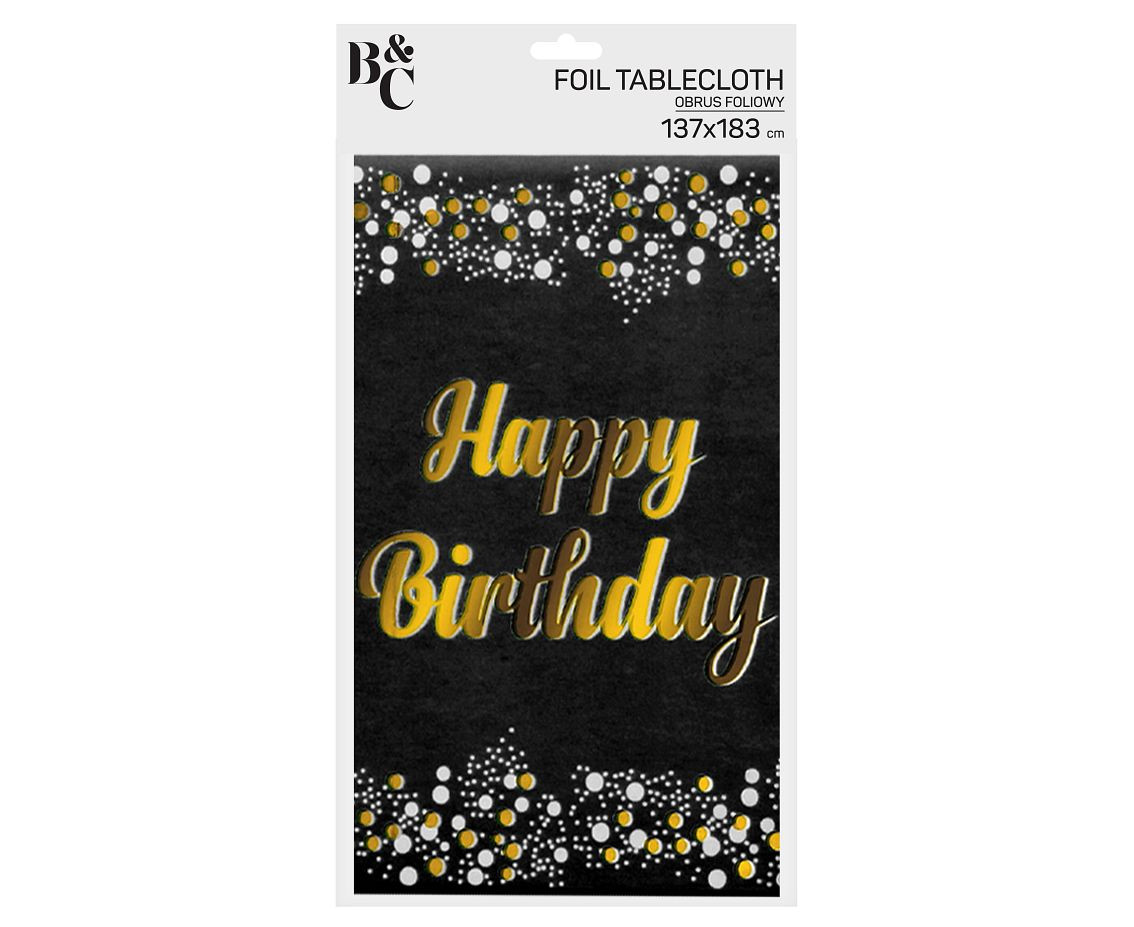 Foil tablecloth B&C "Happy Birthday" black, 137x183 cm
