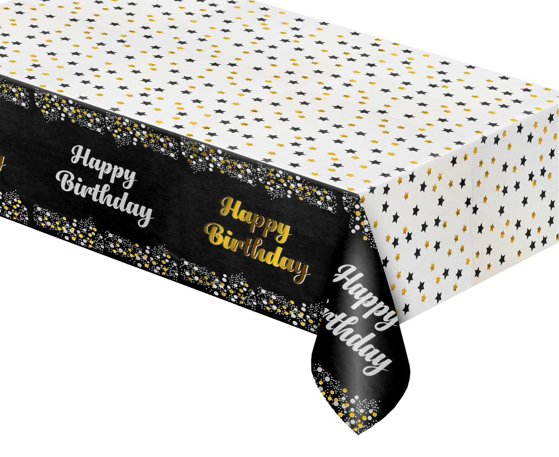 Foil tablecloth B&C "Happy Birthday" black, 137x183 cm