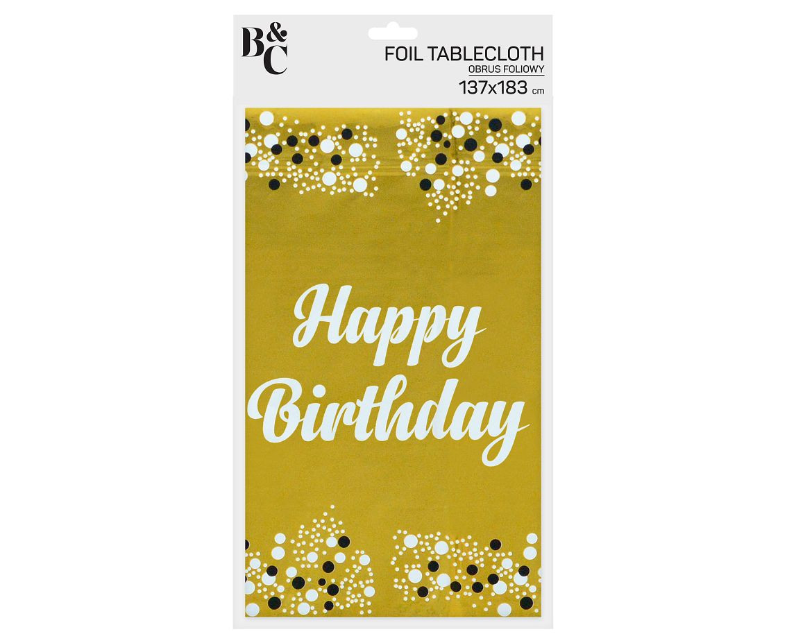 Foil tablecloth B&C "Happy Birthday" gold, 137x183 cm