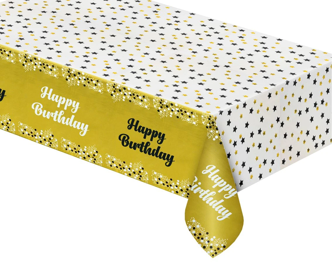Foil tablecloth B&C "Happy Birthday" gold, 137x183 cm