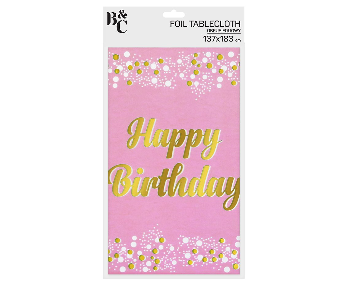 Foil tablecloth B&C "Happy Birthday" light pink, 137x183 cm