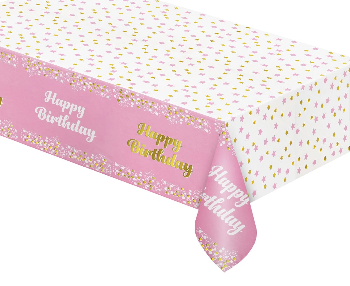 Foil tablecloth B&C "Happy Birthday" light pink, 137x183 cm