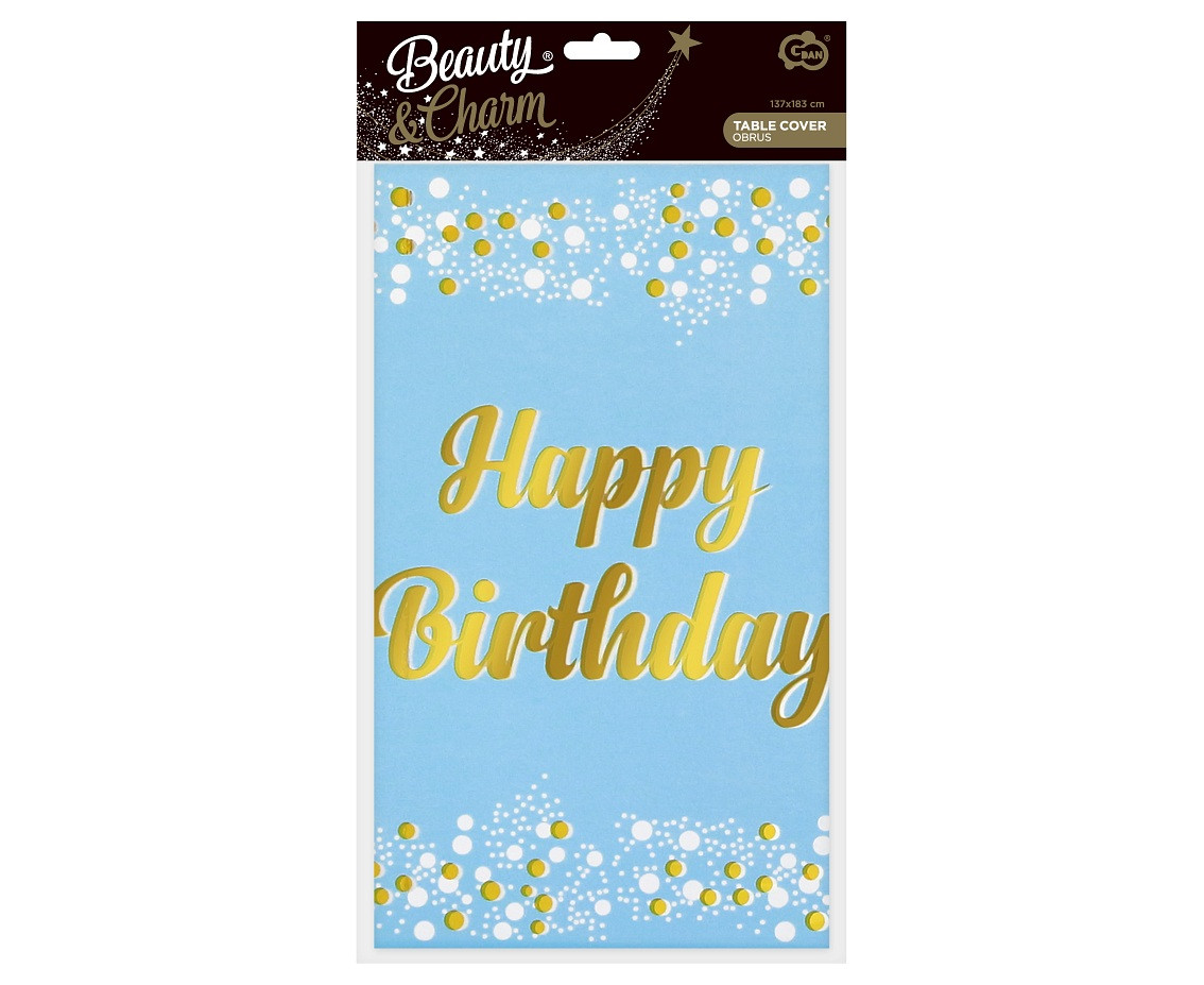 Foil tablecloth B&C "Happy Birthday" light blue, 137x183 cm EOL