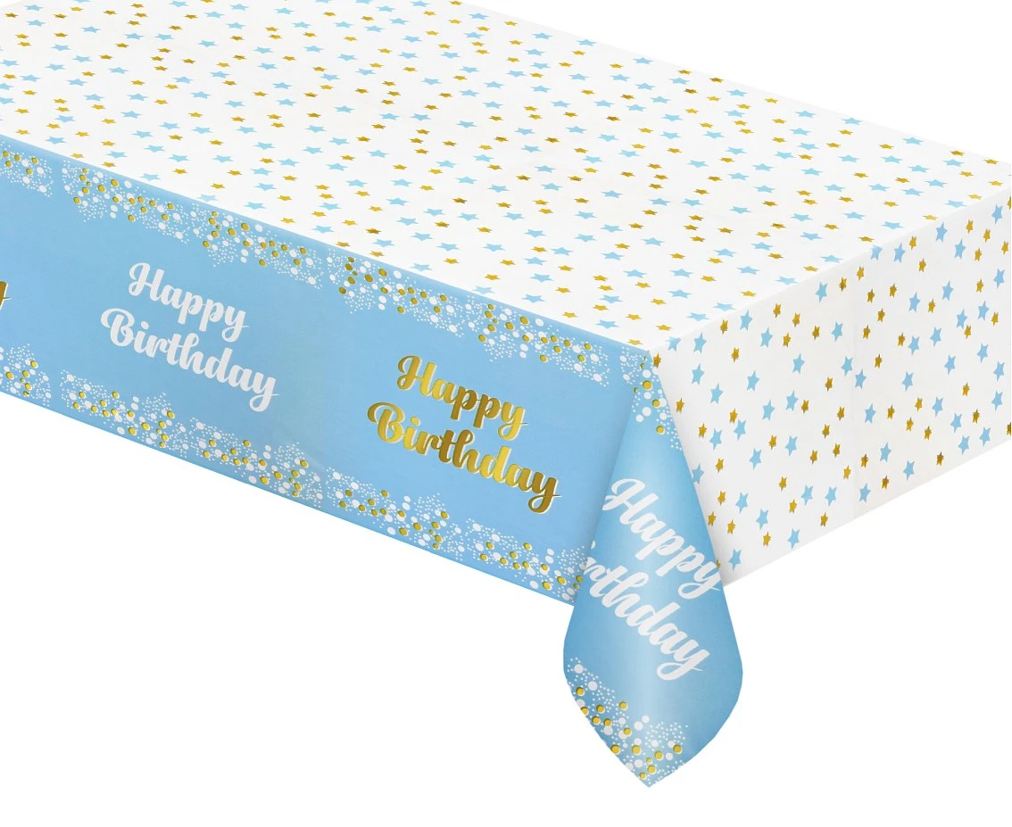 Foil tablecloth B&C "Happy Birthday" light blue, 137x183 cm EOL